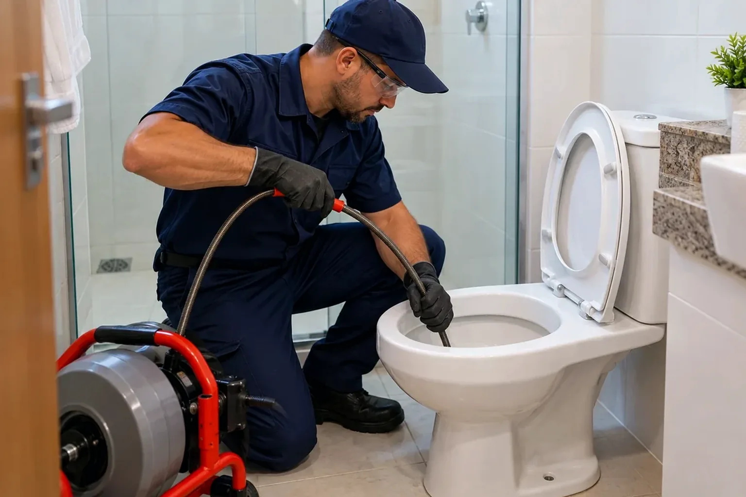 Especialista desentupindo um vaso sanitário em um banheiro.
