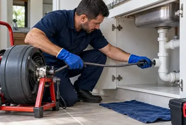 Profissional desentupindo tubulações em uma obra.