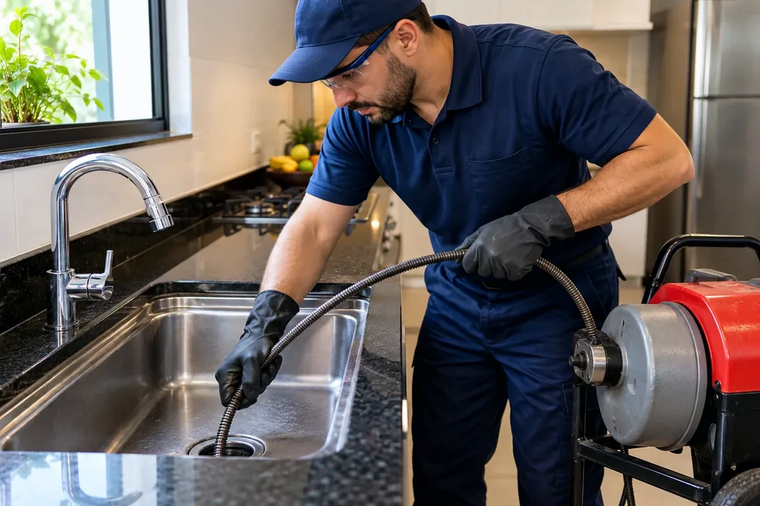 Profissional desentupindo uma pia em um ambiente residencial.