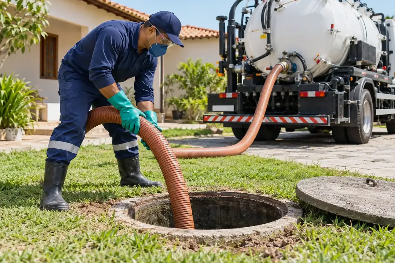 Profissional limpando uma fossa séptica em uma residência.
