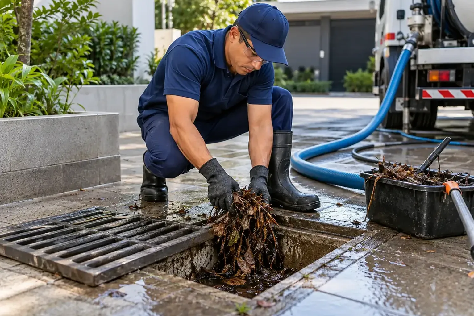 Técnico desentupindo redes pluviais em um dia de chuva.