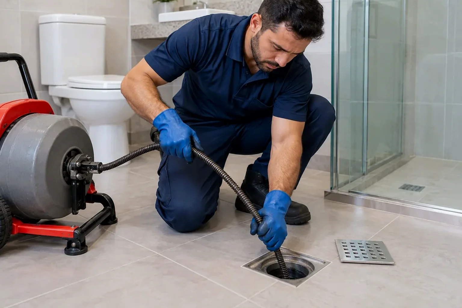 Técnico desentupindo um ralo em uma casa.