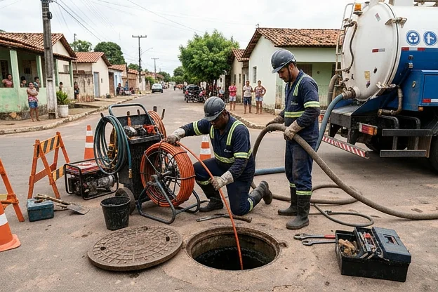 Técnico fazendo manutenção preventiva em rede de esgoto.