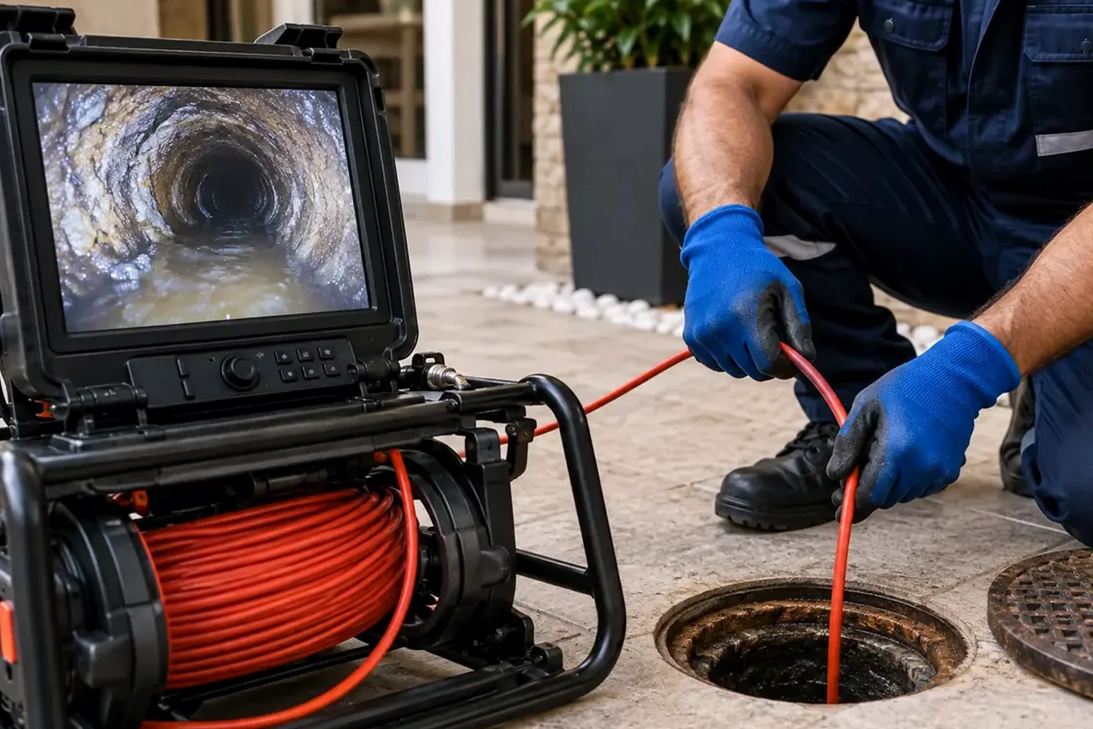 Técnico inspecionando tubulações com câmera em um serviço.