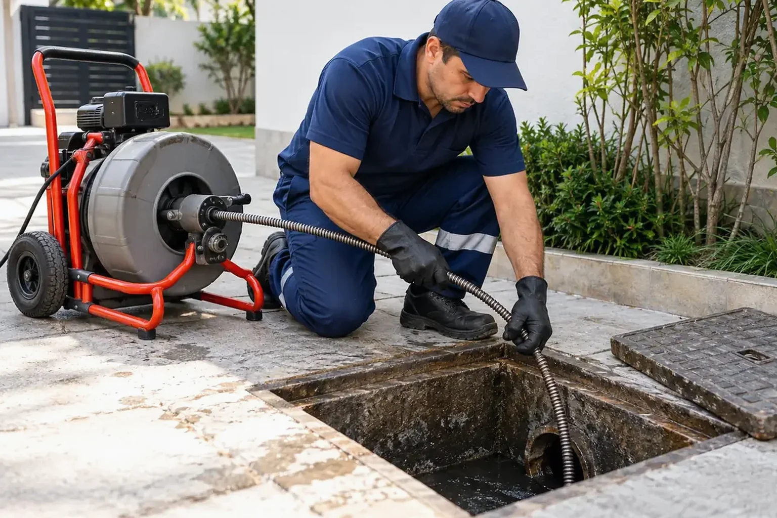 Técnico realizando desentupimento de esgoto em área urbana.