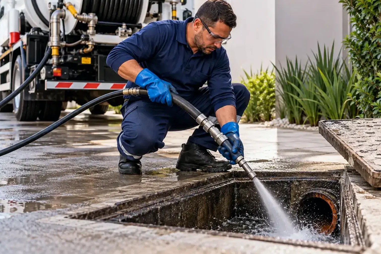 Técnico realizando hidrojateamento em tubulações.