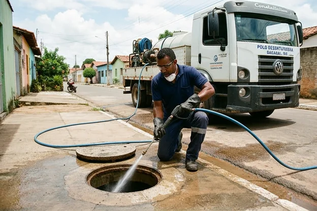 Técnico usando hidrojateamento em tubulações.